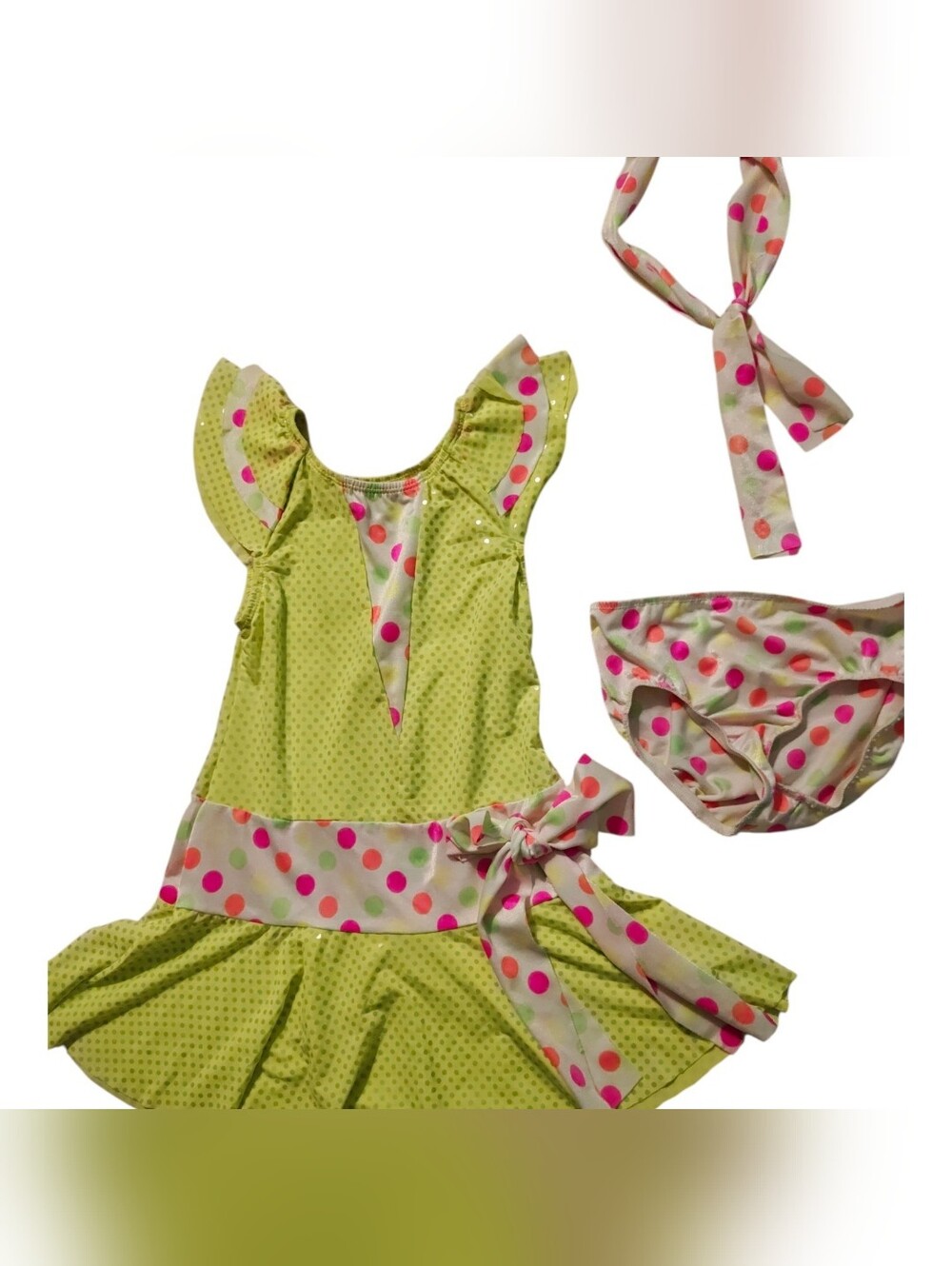 Dance Costume Girl Lime Green Polka Dot Dress with Pink Dot Accents Size Child S